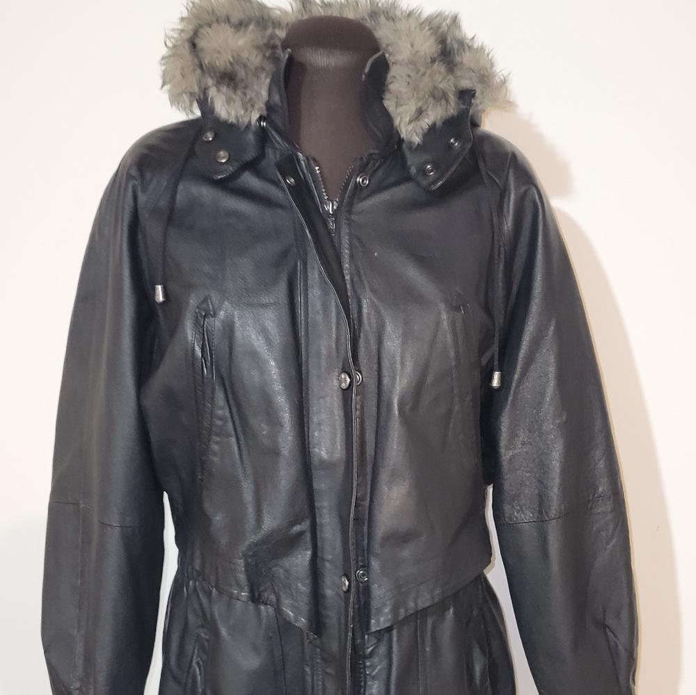 Wilsons Black Leather Womens Hooded Faux Fur Long